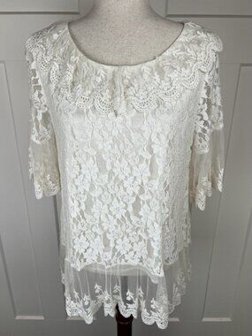 Boho Lace Top White Large Sheer Embroidered Floral Mesh Tunic Romantic Blouse